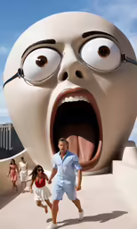 two children run by the big cartoon head