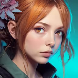 red - haired girl wearing pink flowers and a jacket