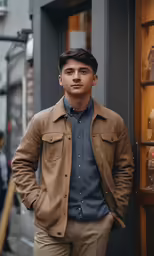 a man in brown jacket and tan pants