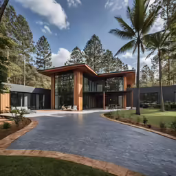 a house with palm trees, large lawn area and blue sky