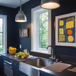 a kitchen with blue walls and a stainless steel sink