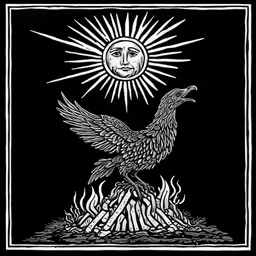 a black and white drawing of a bird with sun above it