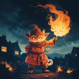 an illustration of a cat dressed as snow white holding onto a flame