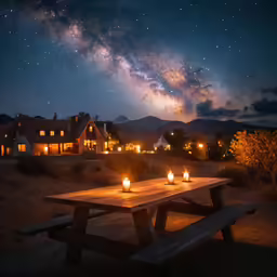 two lit candles on a picnic table with the sky full of stars in the background