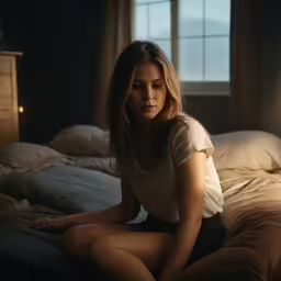 a woman sitting on a bed in a dimly lit room