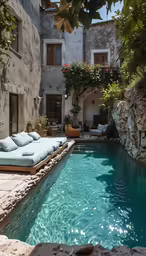a swimming pool and lounge chairs outside an apartment building
