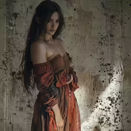 a female in brown is standing with a coat on