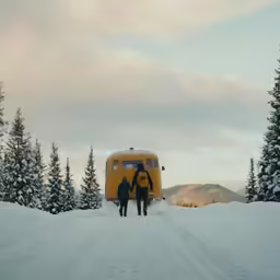 two people stand beside a school bus on snow