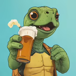an illustration of a turtle holding a pint and smiling