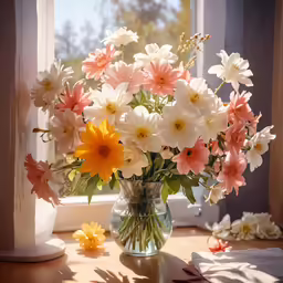 a bouquet of flowers is in a clear glass vase