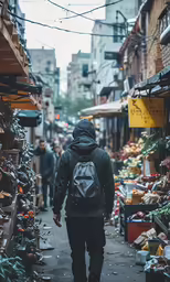 a man walking down a street next to buildings and potted plants