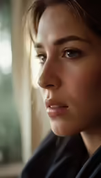a woman is staring at something in the distance