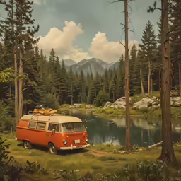 a vw van parked near a small lake
