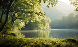 an empty bench sits in the middle of a field near trees and water