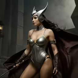 a woman in a costume is posing with swords