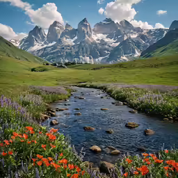 a stream runs through the ground in front of some mountains