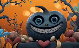 a fake apple smiles in a garden full of fall leaves