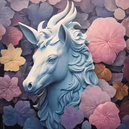 a close up of a statue of a horse surrounded by colorful flowers
