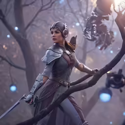 a woman dressed in costume standing outside on a branch