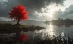 the reflection of a red tree on water with clouds