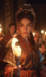 a beautiful woman holding a lit candle in her hand
