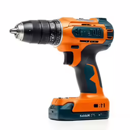 an electric drill sits on a white surface