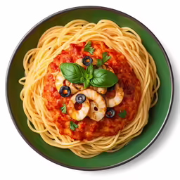 a plate with noodles, garnishes and olives
