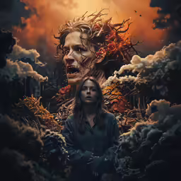 a painting of a girl in front of an image of a creature
