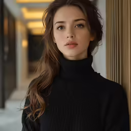 a woman wearing a black turtleneck sweater leaning against the side of a building