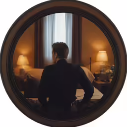 a man is seen in the mirror of a room
