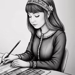 a pencil drawing a young lady doing her homework