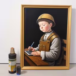 a painting depicting a boy with a laptop and bottle of mustard