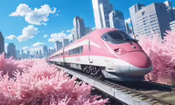 a train riding on tracks with a city in the background