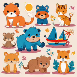 the illustration depicts different kinds of animals,a poster with animals on it and a boat in the water