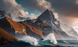 the mountains are covered in snow, brown and blue