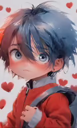 a character with blue eyes and hair wearing red