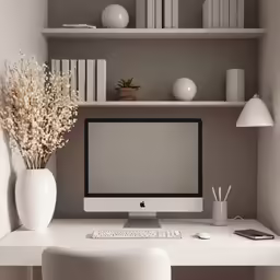 a white desk and chair in a room with shelves
