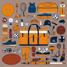 an illustration with sports items in blue, orange and white,many items that are orange and blue in the shape of a bag