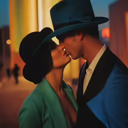 two people standing next to each other in hats