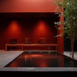 red walls and benches in a courtyard with a pool