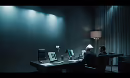 two people sitting at a desk with computers in a darkened room