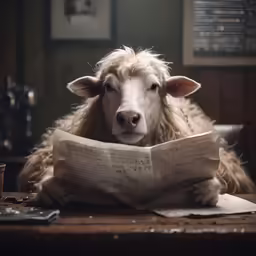 a sheep in a room looking at the camera with a newspaper on its lap