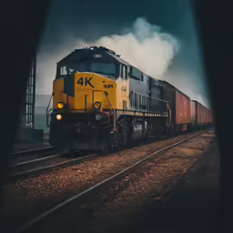 a train traveling down the tracks under a cloudy sky