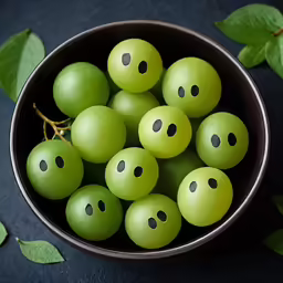 a bowl filled with green grapes with small black faces