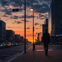 the sky is going down over a city