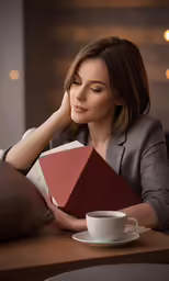 a woman holds a book next to a coffee mug