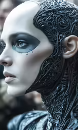 a close up of a person wearing a face and dress