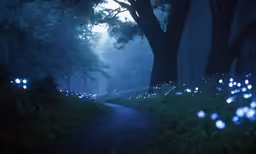 a path leading through the woods filled with fireflies