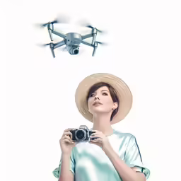 a woman holding a camera in front of a flying object