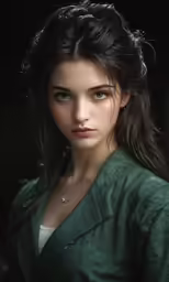 a woman with a green jacket and brown hair